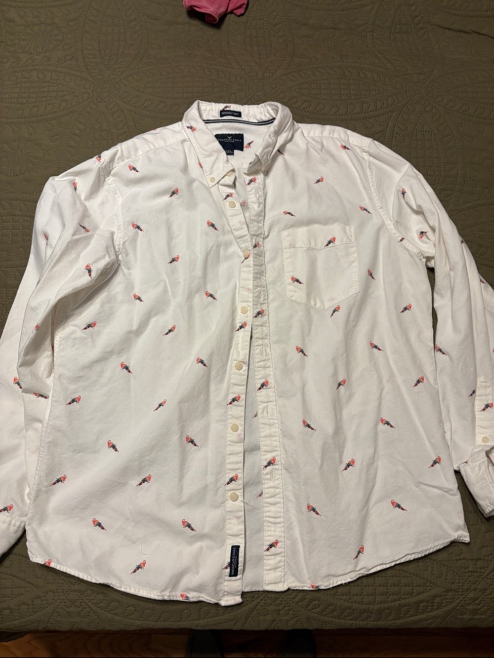 American Eagle Outfitters White Button-Down Shirt with Small Red Bird Motif